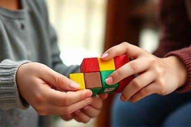 Parent and child bonding over magnetic block construction play.